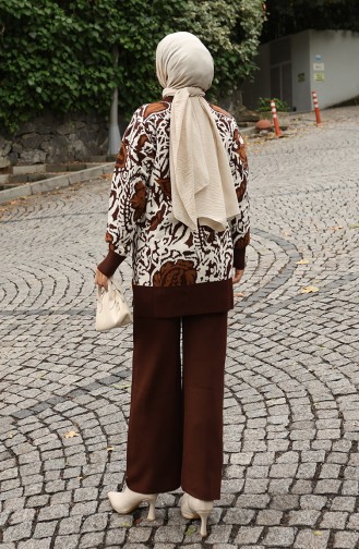 Ensemble Deux Pièces En Tricot Tunique Garnie Et Pantalon 1060-03 Marron 1060-03