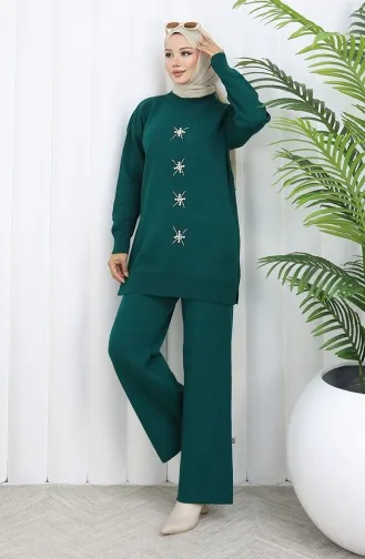 Knitwear Pearl Embroidered Tunic Trousers Two Piece Set 1068-03 Petrol 1068-03