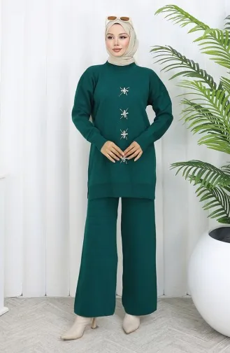 Knitwear Pearl Embroidered Tunic Trousers Two Piece Set 1068-03 Petrol 1068-03