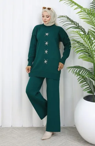 Knitwear Pearl Embroidered Tunic Trousers Two Piece Set 1068-03 Petrol 1068-03