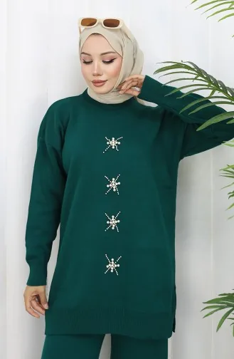 Knitwear Pearl Embroidered Tunic Trousers Two Piece Set 1068-03 Petrol 1068-03