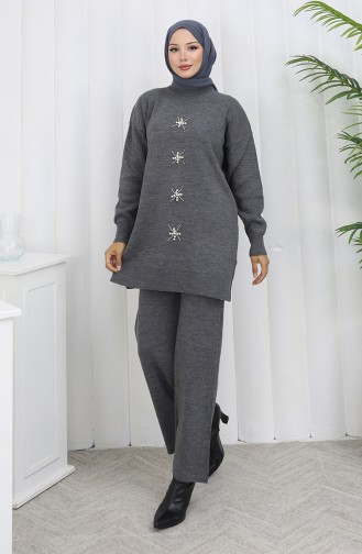 Triko İnci İşlemeli Tunik Pantolon İkili Takım 1068-04 Gri