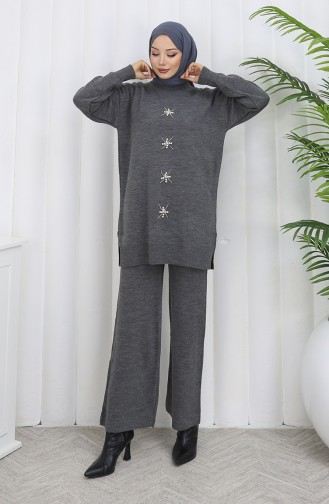 Triko İnci İşlemeli Tunik Pantolon İkili Takım 1068-04 Gri