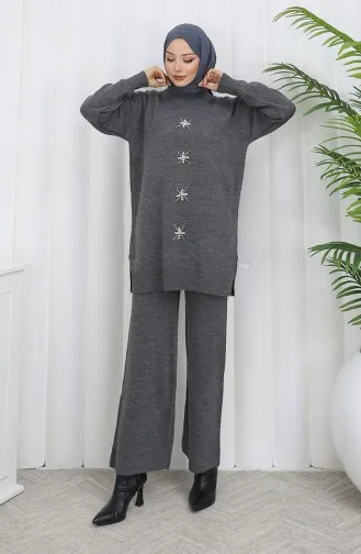 Knitwear Pearl Embroidered Tunic Trousers Two Piece Suit 1068-04 Gray 1068-04