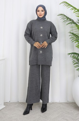 Triko İnci İşlemeli Tunik Pantolon İkili Takım 1068-04 Gri