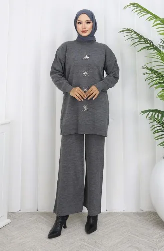 Knitwear Pearl Embroidered Tunic Trousers Two Piece Suit 1068-04 Gray 1068-04