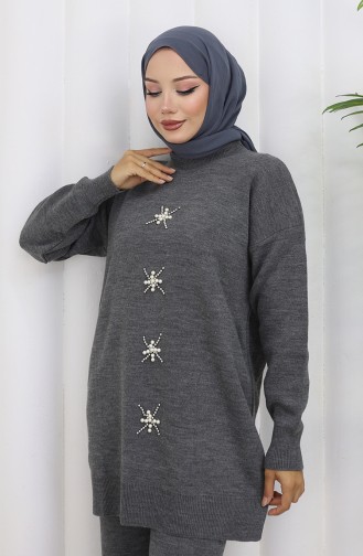Triko İnci İşlemeli Tunik Pantolon İkili Takım 1068-04 Gri