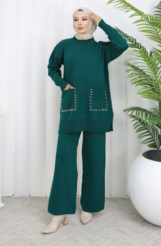 Ensemble Deux Pièces En Tricot Tunique Et Pantalon à Perles 1070-03 Pétrole 1070-03