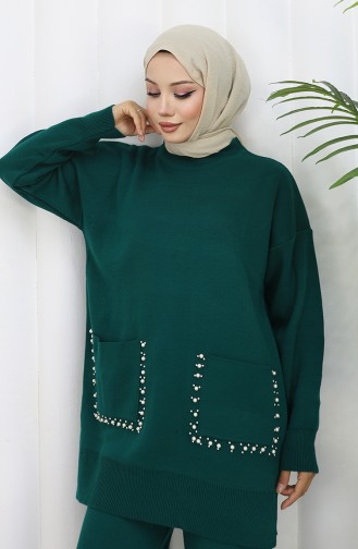 Ensemble Deux Pièces En Tricot Tunique Et Pantalon à Perles 1070-03 Pétrole 1070-03