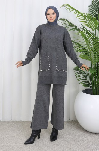 Ensemble Deux Pièces En Tricot Avec Poche Et Perles Tunique Et Pantalon 1070-07 Gris 1070-07