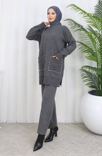 Ensemble Deux Pièces En Tricot Avec Poche Et Perles Tunique Et Pantalon 1070-07 Gris 1070-07