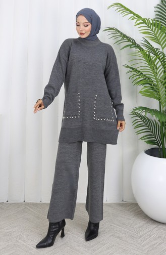 Ensemble Deux Pièces En Tricot Avec Poche Et Perles Tunique Et Pantalon 1070-07 Gris 1070-07