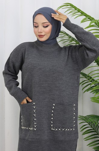 Ensemble Deux Pièces En Tricot Avec Poche Et Perles Tunique Et Pantalon 1070-07 Gris 1070-07