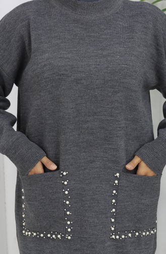 Ensemble Deux Pièces En Tricot Avec Poche Et Perles Tunique Et Pantalon 1070-07 Gris 1070-07