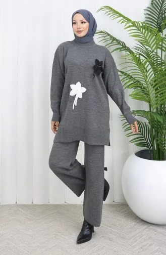 Triko Çiçekli Tunik Pantolon İkili Takım 1077-04 Gri