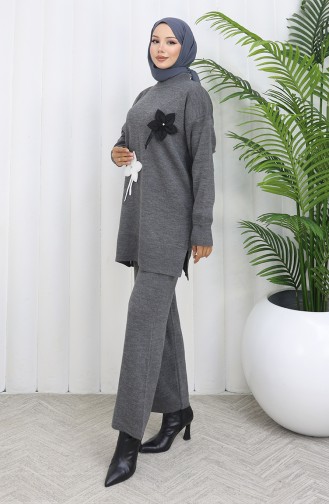 Gebreide Bloemen Tuniek Broek Tweedelig Set 1077-04 Grijs 1077-04