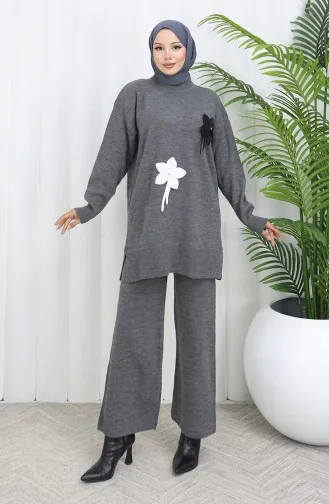 Triko Çiçekli Tunik Pantolon İkili Takım 1077-04 Gri