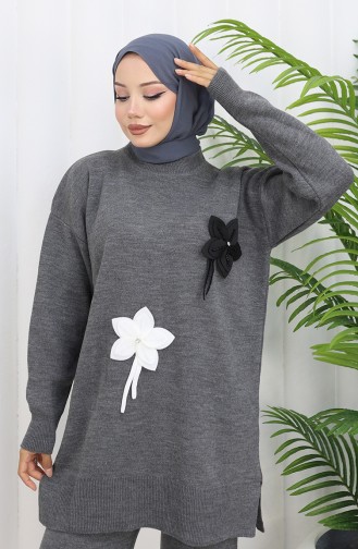 Gebreide Bloemen Tuniek Broek Tweedelig Set 1077-04 Grijs 1077-04
