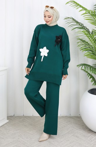 Knitwear Floral Tunic Trousers Two Piece Set 1077-07 Petrol 1077-07