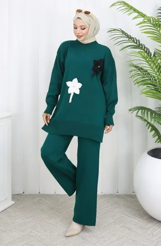 Strickmode Geblümte Tunika Hose Zweiteiler 1077-07 Petrol 1077-07