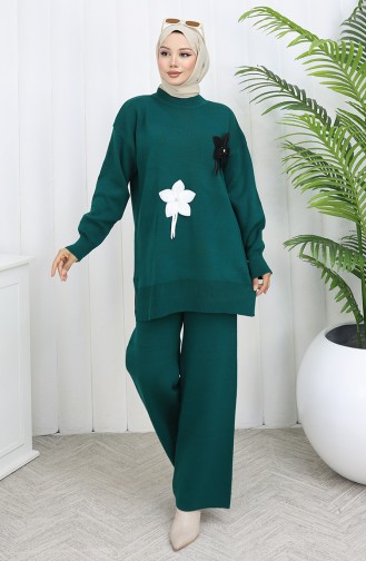Knitwear Floral Tunic Trousers Two Piece Set 1077-07 Petrol 1077-07