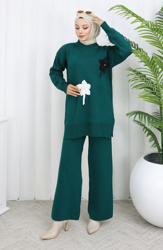 Knitwear Floral Tunic Trousers Two Piece Set 1077-07 Petrol 1077-07
