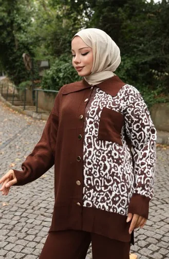 Triko Garnili Düğmeli Tunik Pantolon İkili Takım 1078-05 Kahverengi