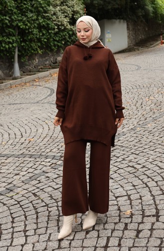 Knitwear Hooded Tunic Trousers Two Piece Suit 1079-01 Brown 1079-01