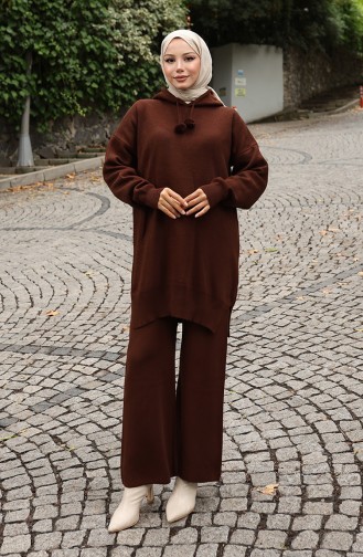 Knitwear Hooded Tunic Trousers Two Piece Suit 1079-01 Brown 1079-01