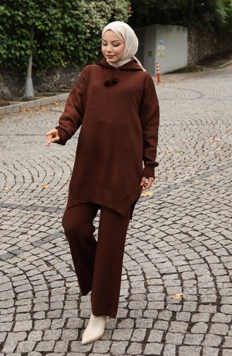 Knitwear Hooded Tunic Trousers Two Piece Suit 1079-01 Brown 1079-01