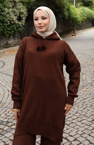 Knitwear Hooded Tunic Trousers Two Piece Suit 1079-01 Brown 1079-01