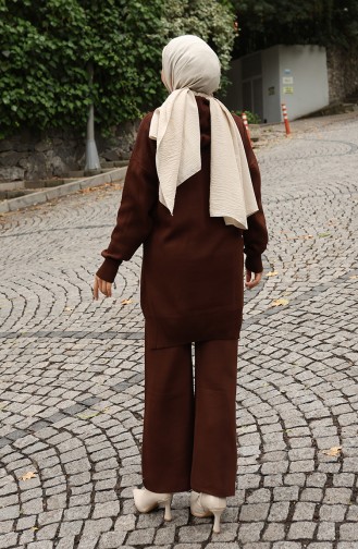 Knitwear Hooded Tunic Trousers Two Piece Suit 1079-01 Brown 1079-01
