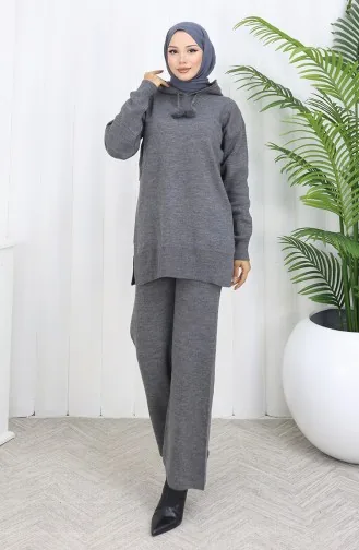 Triko Kapüşonlu Tunik Pantolon İkili Takım 1079-04 Gri