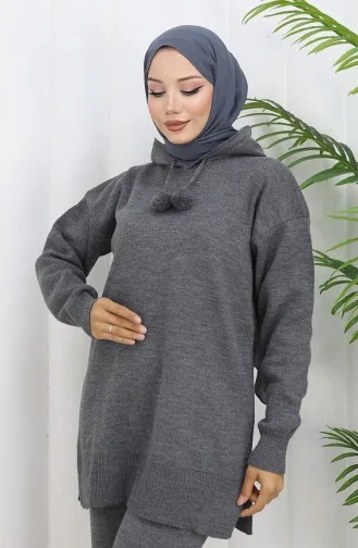 Triko Kapüşonlu Tunik Pantolon İkili Takım 1079-04 Gri