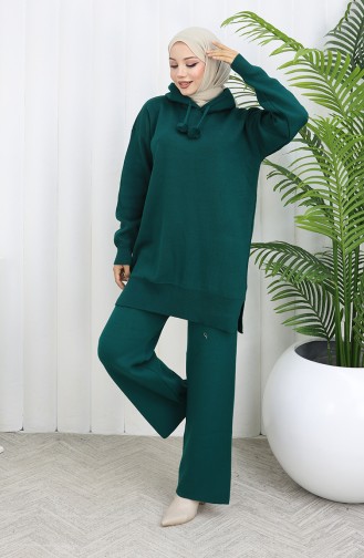 Knitwear Hooded Tunic Trousers Two-Piece Suit 1079-08 Emerald Green 1079-08