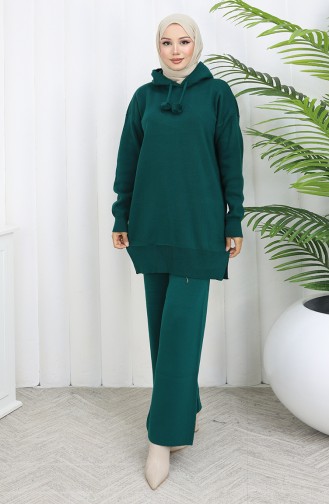 Knitwear Hooded Tunic Trousers Two-Piece Suit 1079-08 Emerald Green 1079-08