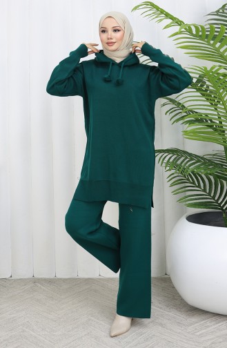 Knitwear Hooded Tunic Trousers Two-Piece Suit 1079-08 Emerald Green 1079-08