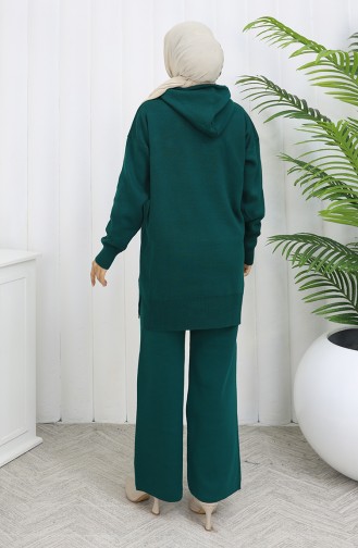 Knitwear Hooded Tunic Trousers Two-Piece Suit 1079-08 Emerald Green 1079-08