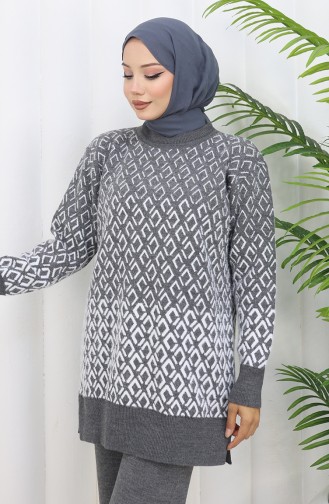 Triko Desenli Tunik Pantolon İkili Takım 1085-02 Gri