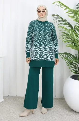 Triko Desenli Tunik Pantolon İkili Takım 1085-04 Petrol