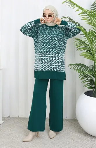 Triko Desenli Tunik Pantolon İkili Takım 1085-04 Petrol