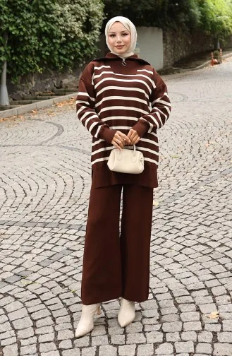 Gebreide Coltrui Gestreepte Tuniek Broek Tweedelig Pak 1107-02 Bruin 1107-02