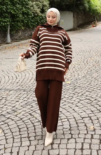 Gebreide Coltrui Gestreepte Tuniek Broek Tweedelig Pak 1107-02 Bruin 1107-02