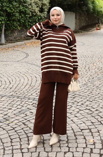 Ensemble Deux Pièces En Tricot Col Roulé Tunique Rayée Et Pantalon 1107-02 Marron 1107-02