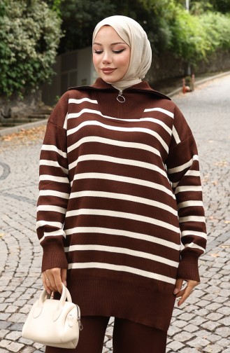 Ensemble Deux Pièces En Tricot Col Roulé Tunique Rayée Et Pantalon 1107-02 Marron 1107-02