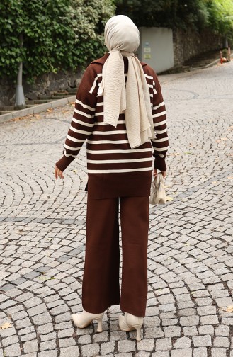 Ensemble Deux Pièces En Tricot Col Roulé Tunique Rayée Et Pantalon 1107-02 Marron 1107-02