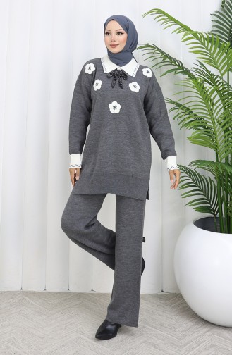 Strickmode Blumen Applikation Tunika Hose Zweiteiler 1113-07 Grau 1113-07