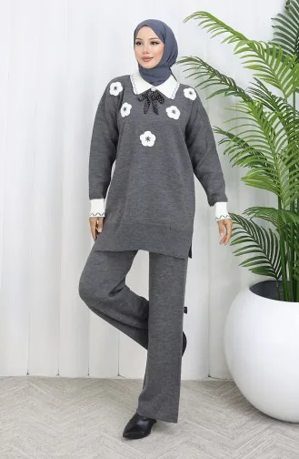 Ensemble Deux Pièces En Tricot Avec Tunique Et Pantalon à Fleurs Appliquées 1113-07 Gris 1113-07