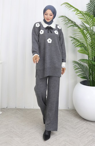 Strickmode Blumen Applikation Tunika Hose Zweiteiler 1113-07 Grau 1113-07
