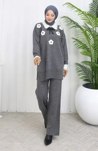 Ensemble Deux Pièces En Tricot Avec Tunique Et Pantalon à Fleurs Appliquées 1113-07 Gris 1113-07